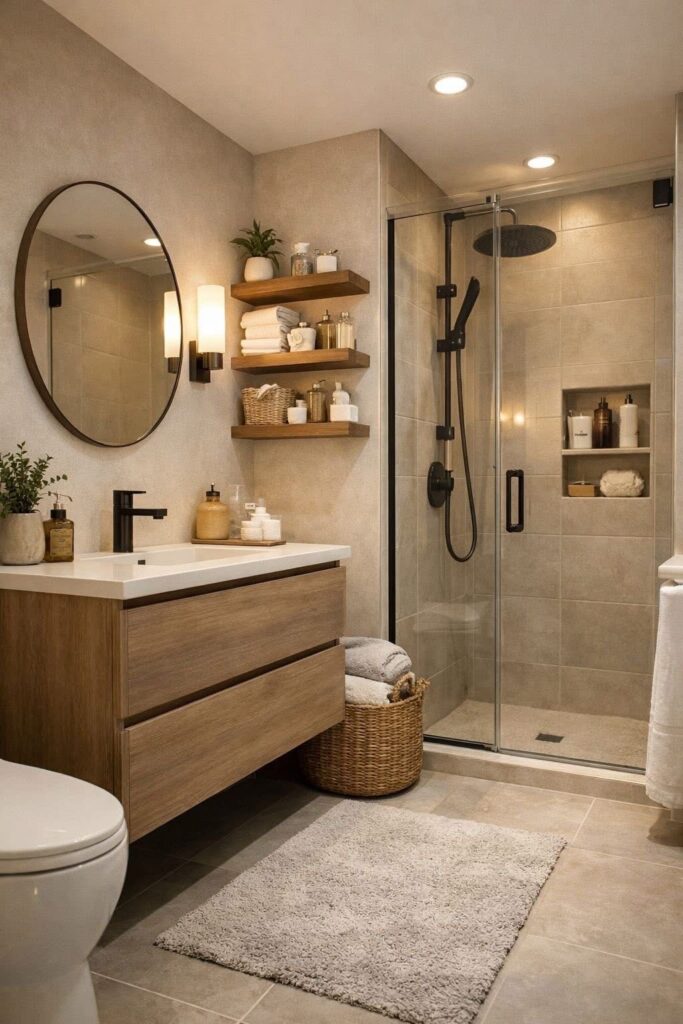 Petite salle de bain fonctionnelle et esthétique.