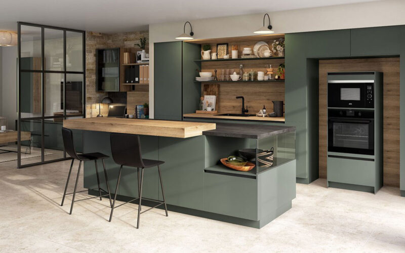 Cuisine ouverte moderne et couleur kaki